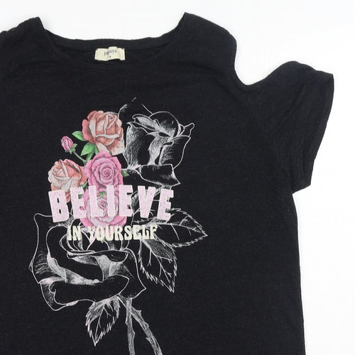 Matalan Womens Black Viscose Basic T-Shirt Size 14 Round Neck - Believe In Yourself Cold Shoulder