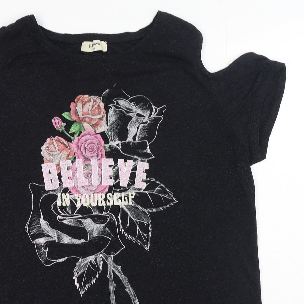 Matalan Womens Black Viscose Basic T-Shirt Size 14 Round Neck - Believe In Yourself Cold Shoulder