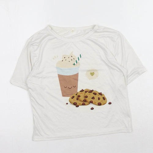Preworn Womens White Polyester Basic T-Shirt Size S Round Neck - Hot Chocolate & Cookies