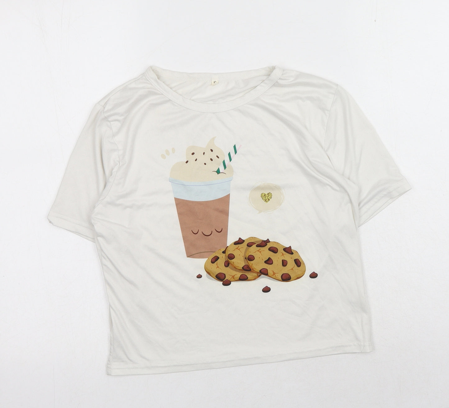 Preworn Womens White Polyester Basic T-Shirt Size S Round Neck - Hot Chocolate & Cookies