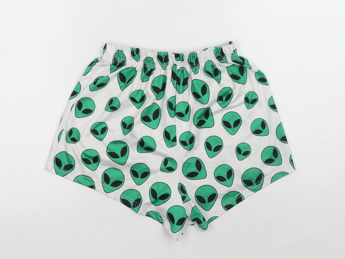 Preworn Womens White Geometric Polyester Hot Pants Shorts Size 26 in Regular Pull On - Alien Print