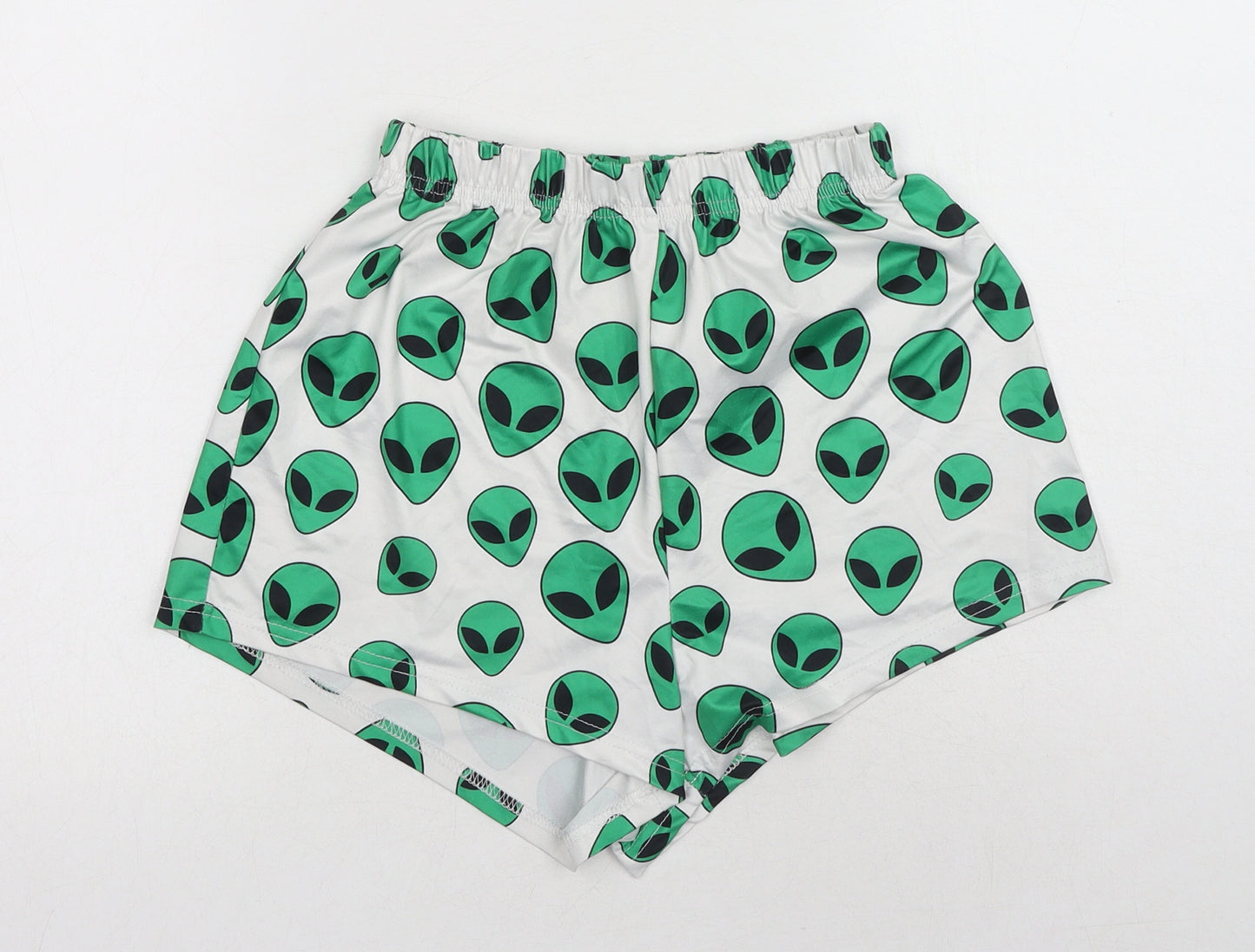 Preworn Womens White Geometric Polyester Hot Pants Shorts Size 26 in Regular Pull On - Alien Print