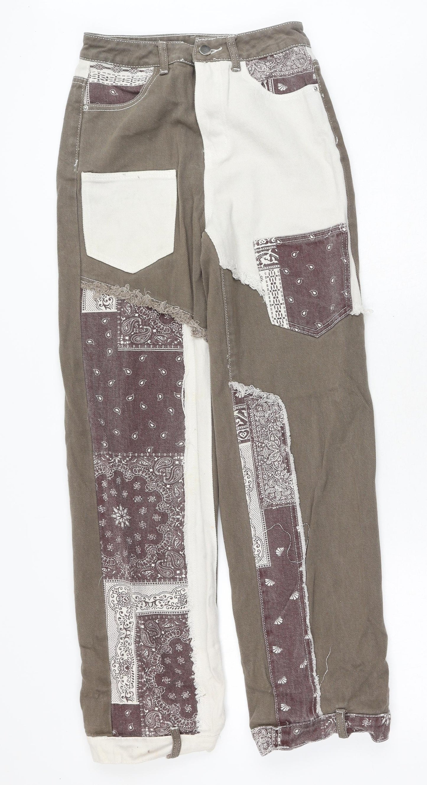 SheIn Womens Brown Geometric Cotton Mom Jeans Size XS Regular Button - Patchwork
