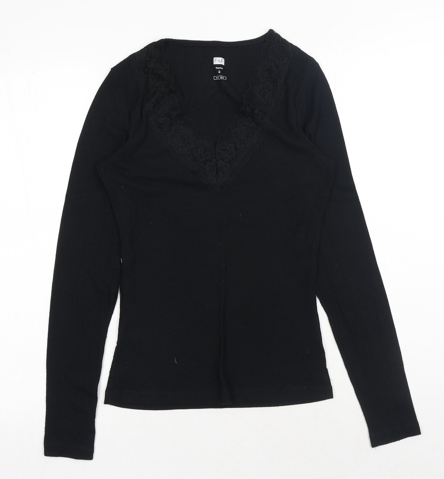 F&F Womens Black Polyester Basic T-Shirt Size S V-Neck - Lace Detail