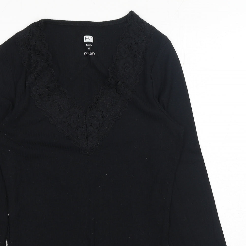 F&F Womens Black Polyester Basic T-Shirt Size S V-Neck - Lace Detail