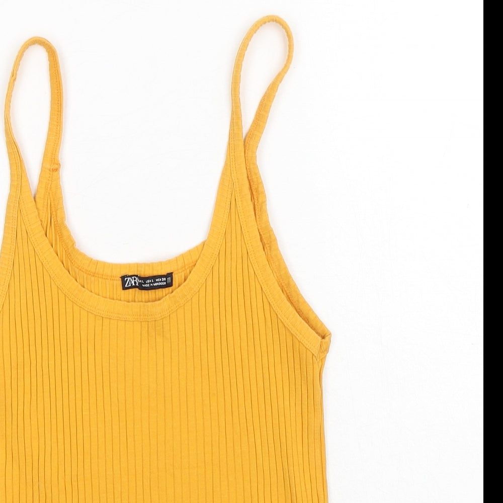 Zara Womens Yellow Cotton Basic Tank Size L Round Neck