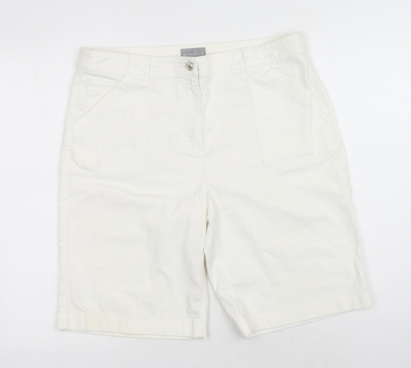Marks and Spencer Womens White Cotton Chino Shorts Size 16 Regular Button