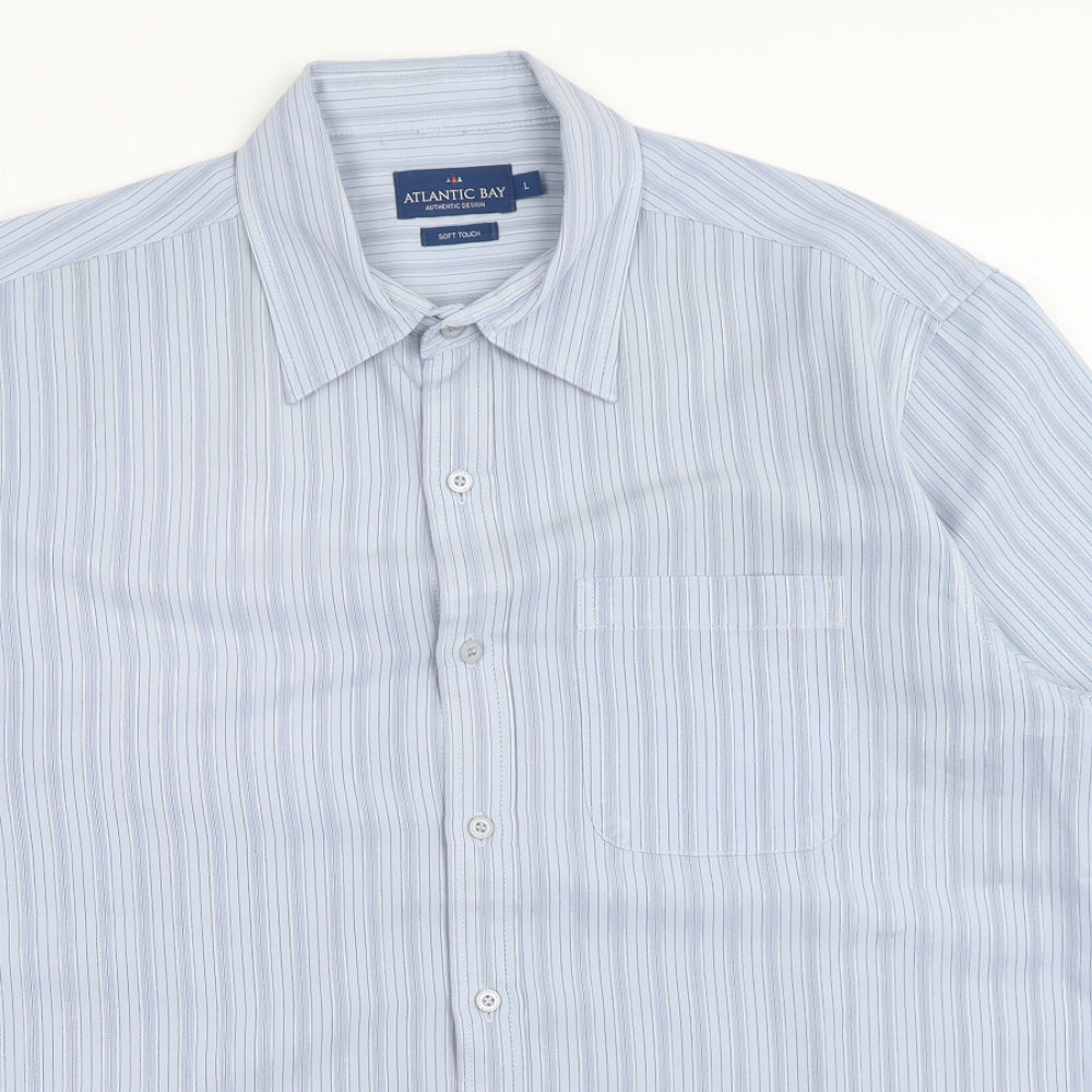 BHS Mens Blue Striped Polyester Button-Up Size L Collared Button