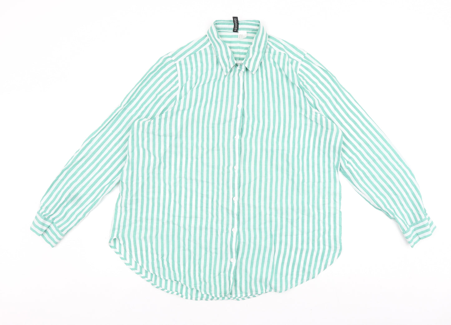 H&M Womens Green Striped 100% Cotton Basic Button-Up Size 12 Collared