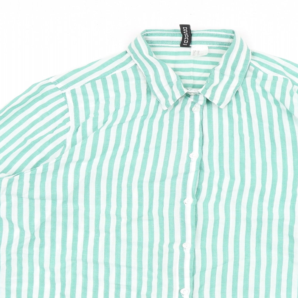 H&M Womens Green Striped 100% Cotton Basic Button-Up Size 12 Collared