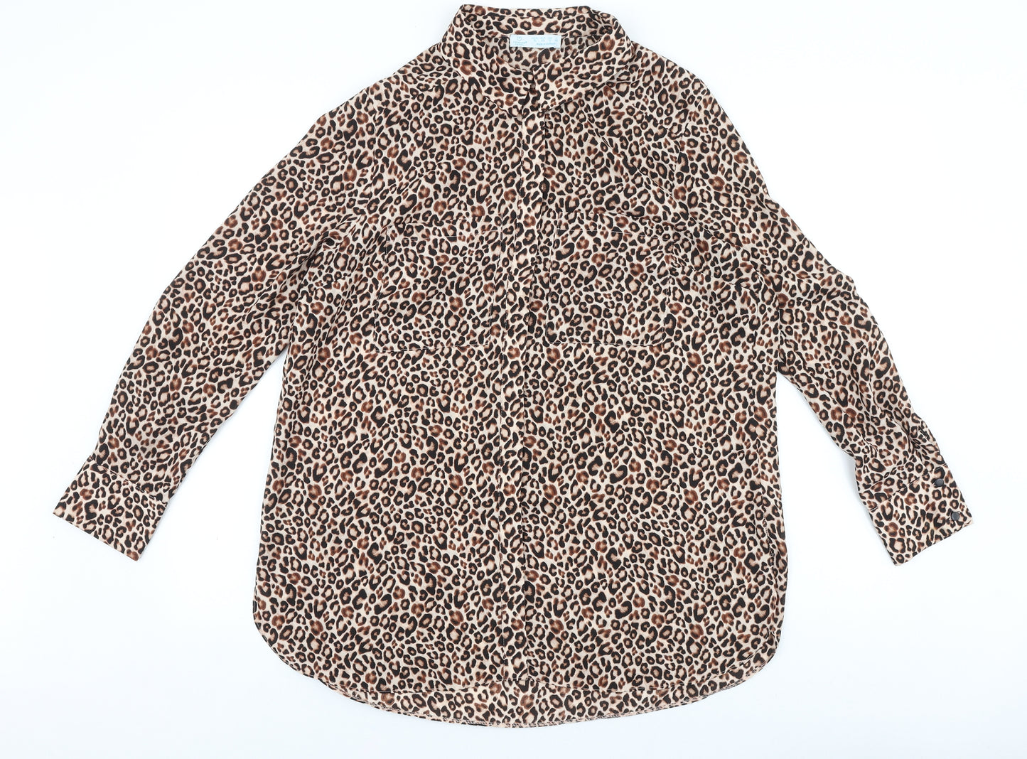 Primark Womens Brown Animal Print Polyester Basic Button-Up Size 16 Collared - Leopard Print