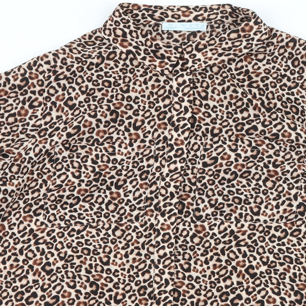 Primark Womens Brown Animal Print Polyester Basic Button-Up Size 16 Collared - Leopard Print