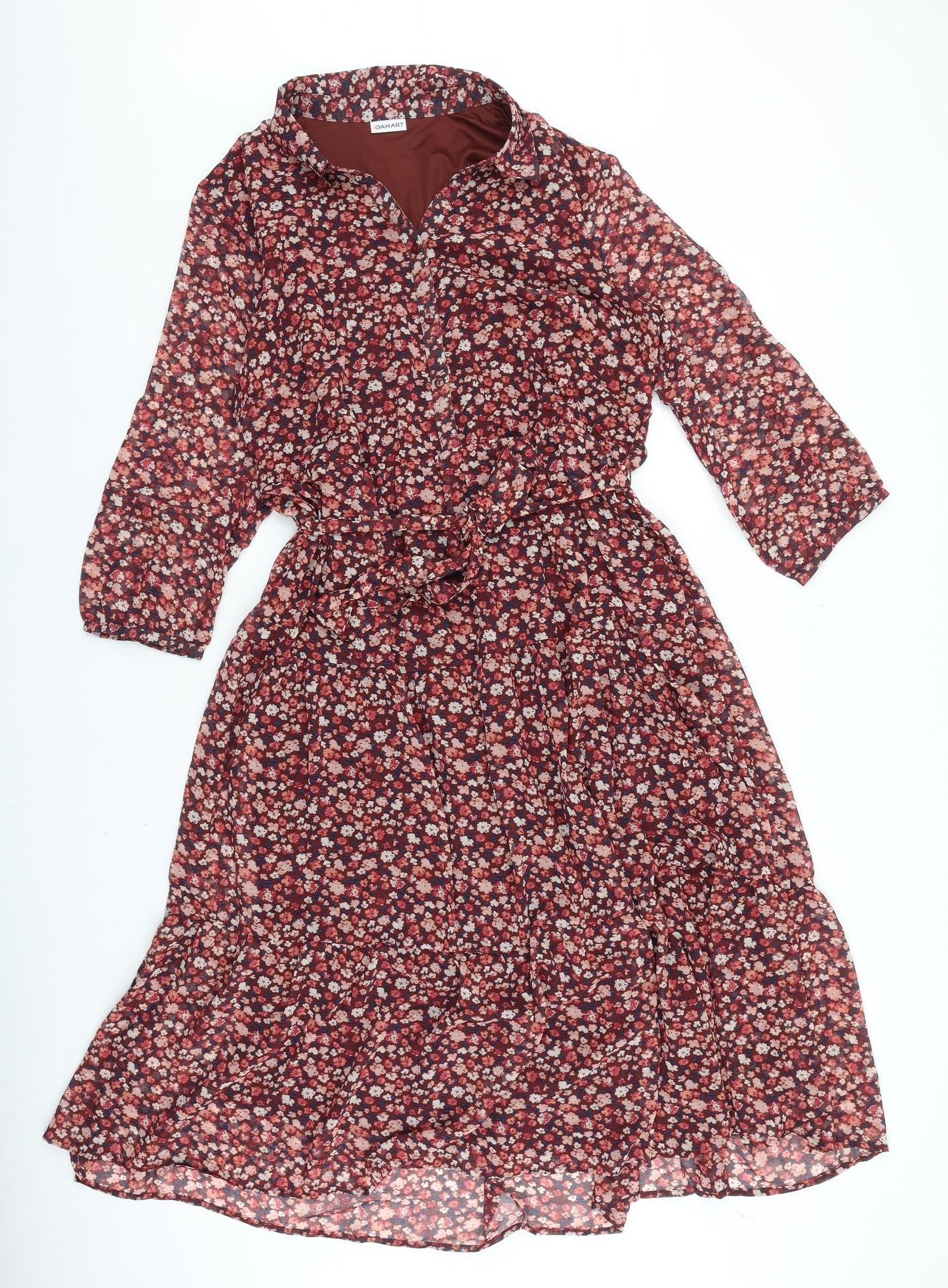 Damart Womens Red Floral Polyester Shirt Dress Size 14 Collared Tie