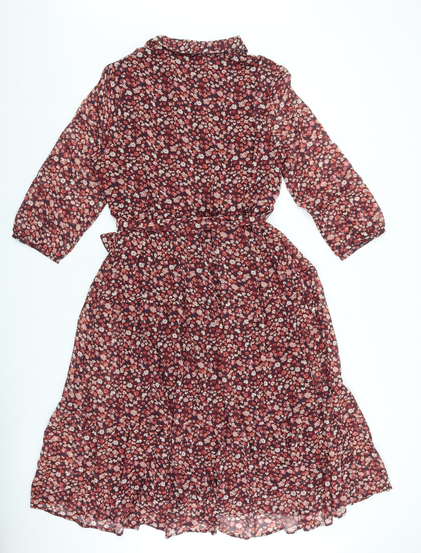 Damart Womens Red Floral Polyester Shirt Dress Size 14 Collared Tie