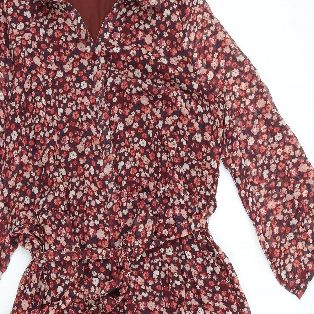 Damart Womens Red Floral Polyester Shirt Dress Size 14 Collared Tie