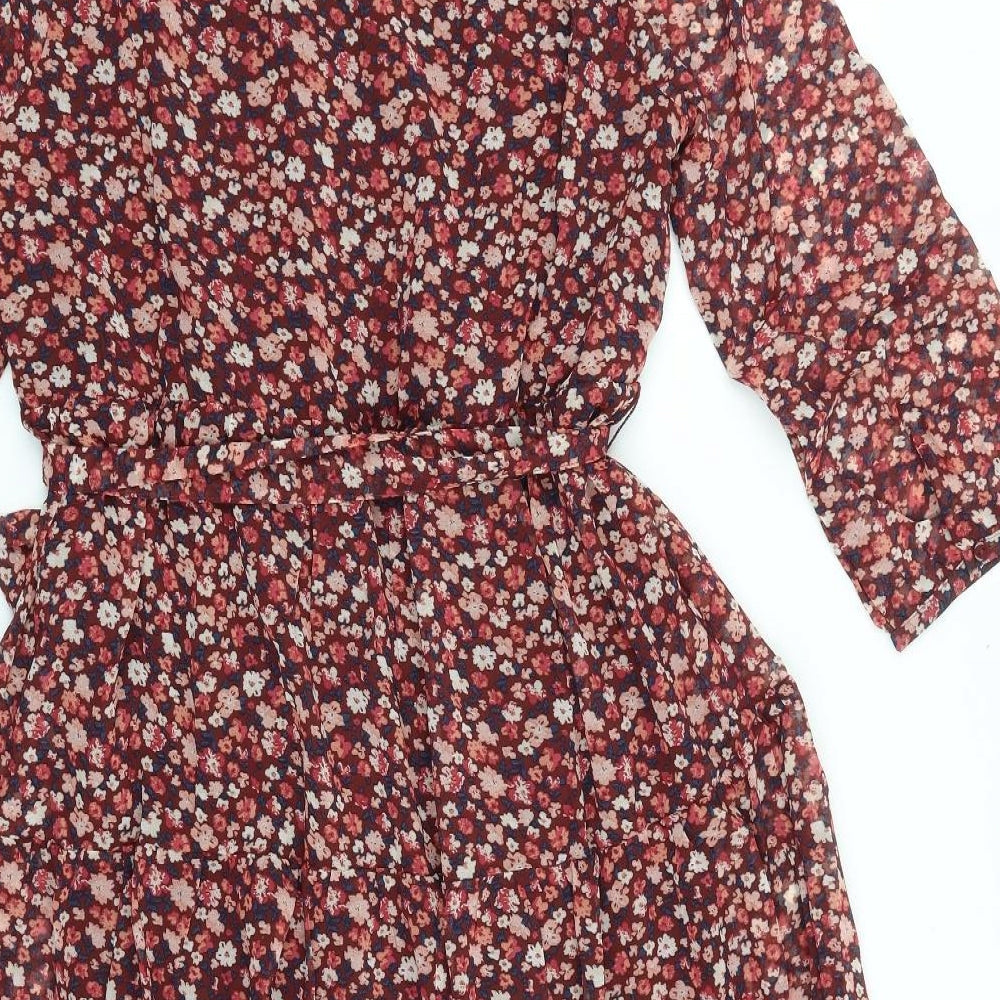Damart Womens Red Floral Polyester Shirt Dress Size 14 Collared Tie