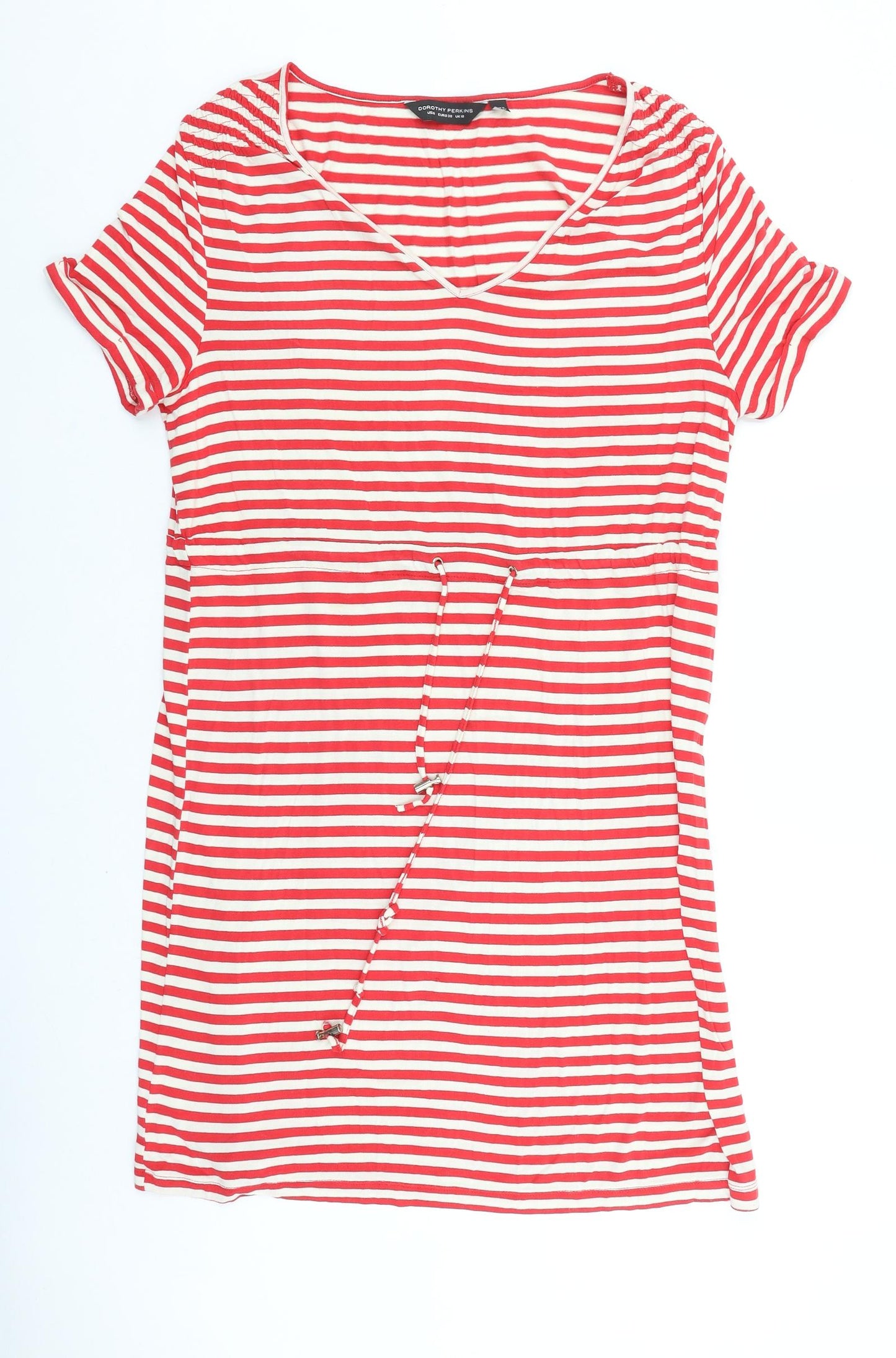 Dorothy Perkins Womens Red Striped Cotton T-Shirt Dress Size 10 V-Neck Tie