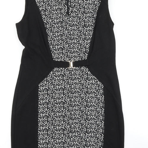 NEXT Womens Black Geometric Viscose A-Line Size 10 Boat Neck Zip
