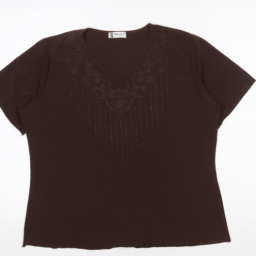 prewor Womens Brown Polyester Basic T-Shirt Size XL V-Neck