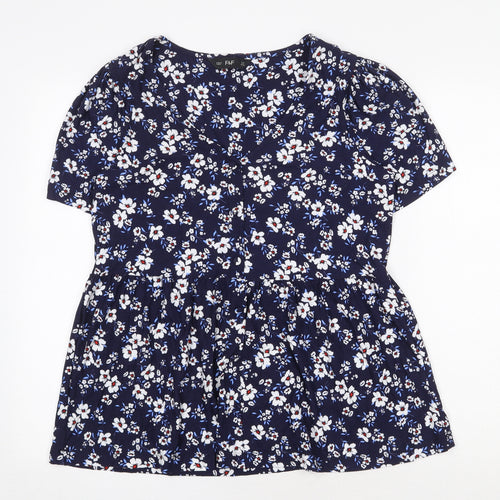 F&F Womens Blue Floral Viscose Basic Blouse Size 10 V-Neck