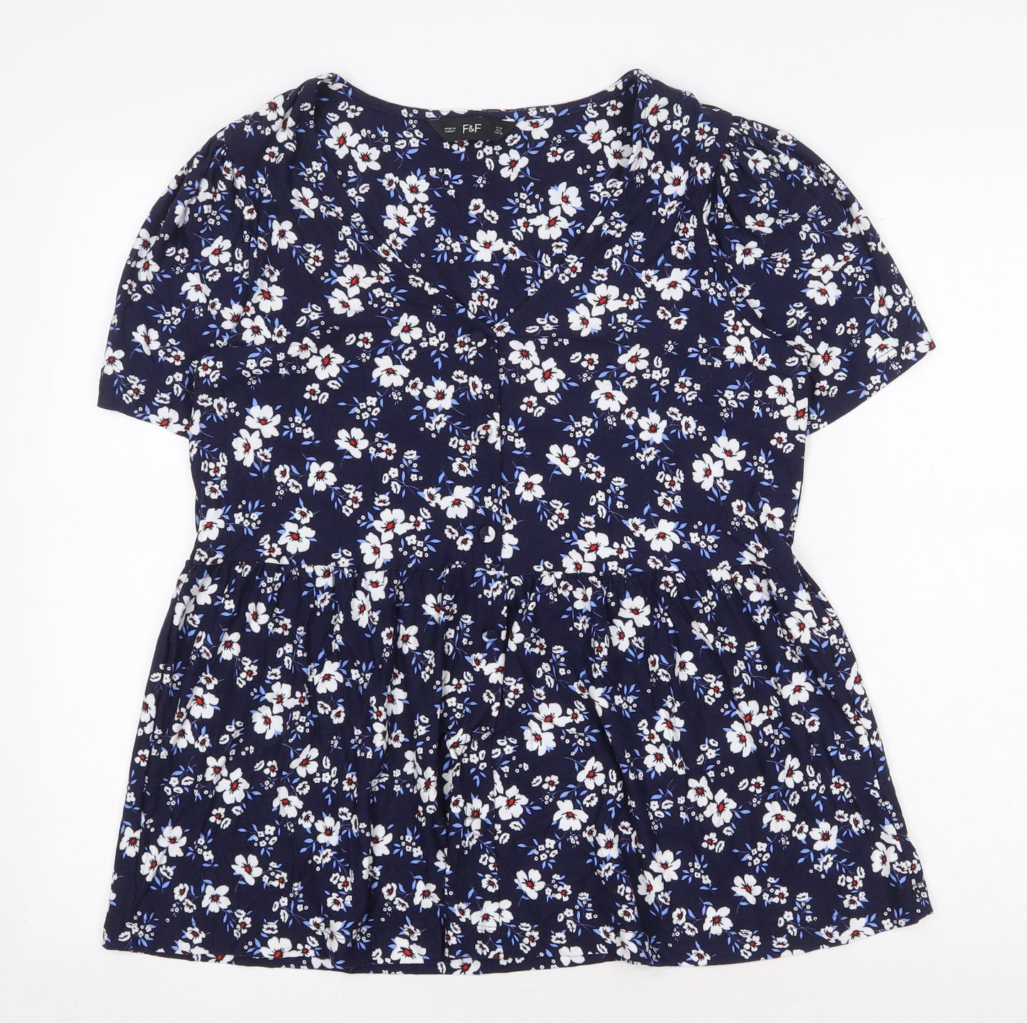 F&F Womens Blue Floral Viscose Basic Blouse Size 10 V-Neck