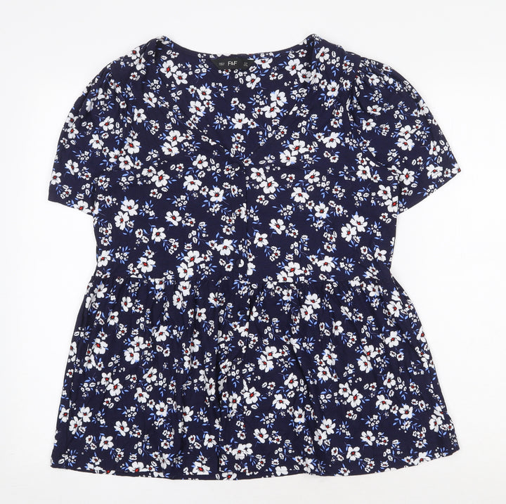 F&F Womens Blue Floral Viscose Basic Blouse Size 10 V-Neck
