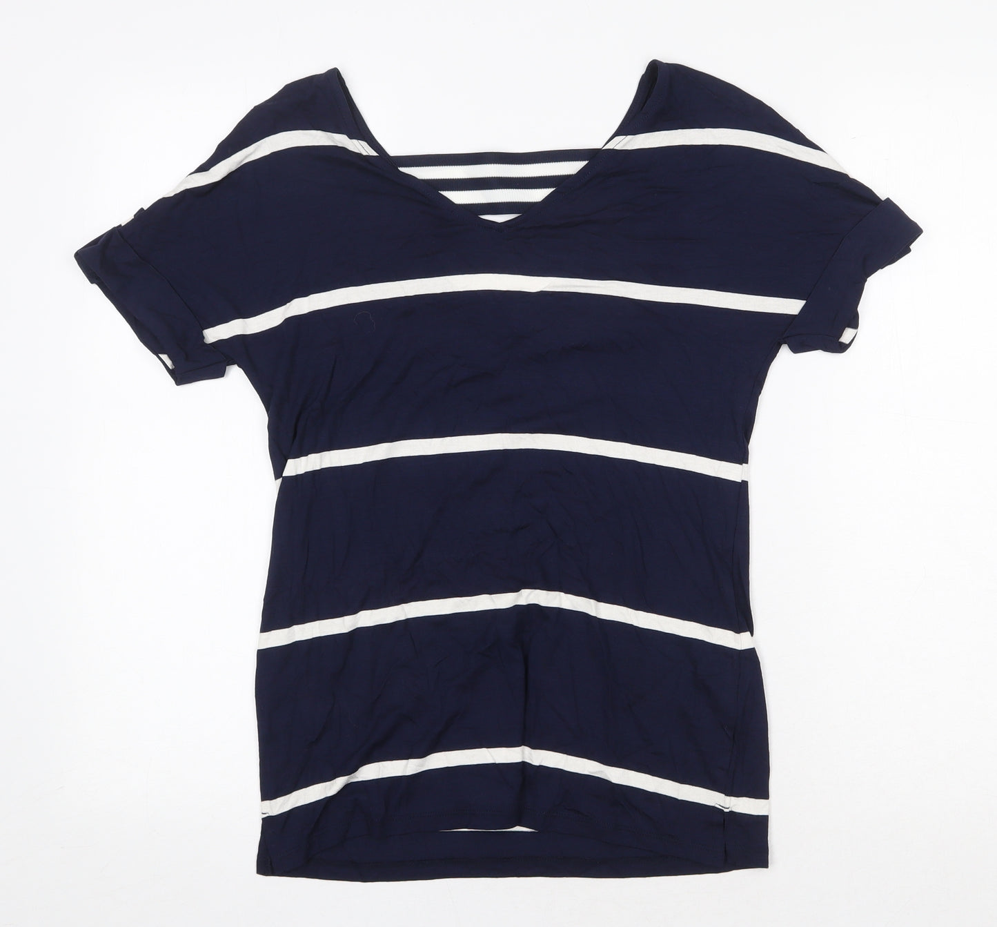 F&F Womens Blue Striped Viscose Basic T-Shirt Size 6 V-Neck