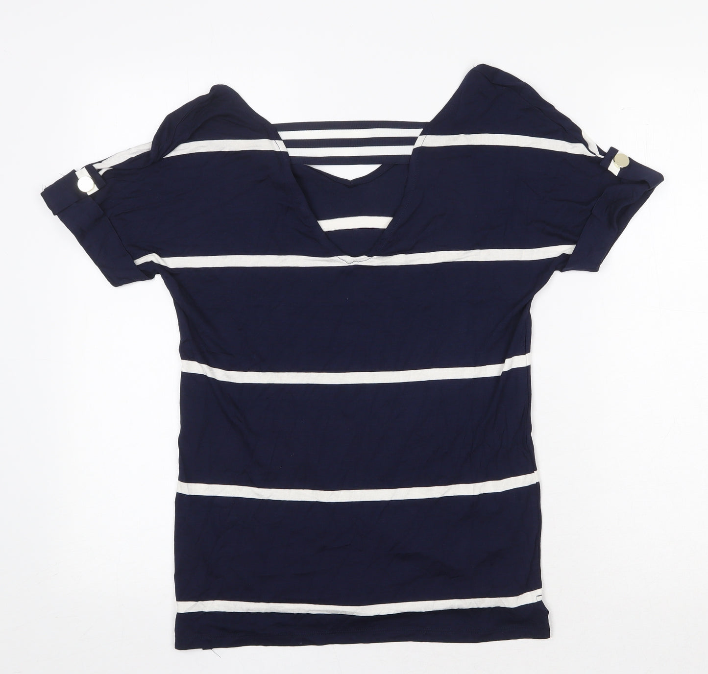F&F Womens Blue Striped Viscose Basic T-Shirt Size 6 V-Neck