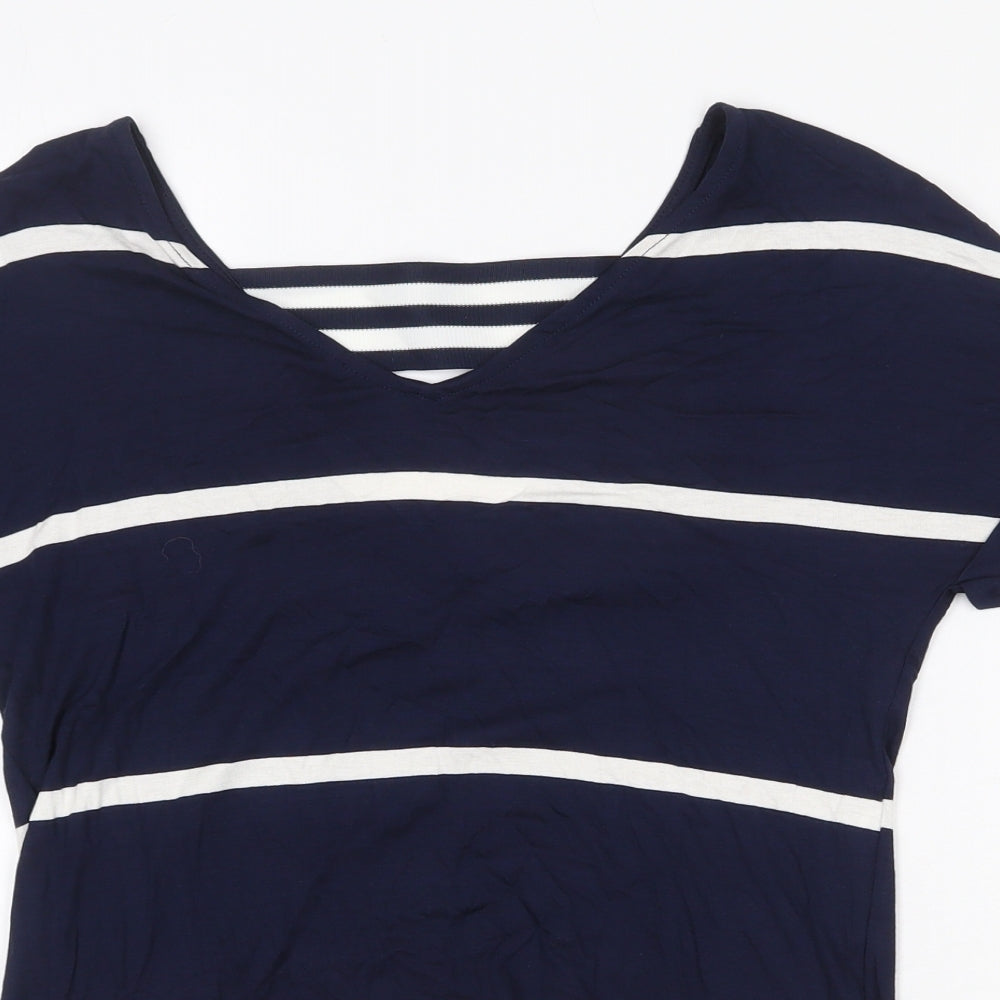 F&F Womens Blue Striped Viscose Basic T-Shirt Size 6 V-Neck