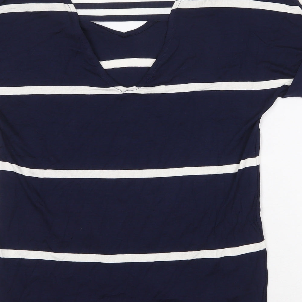 F&F Womens Blue Striped Viscose Basic T-Shirt Size 6 V-Neck