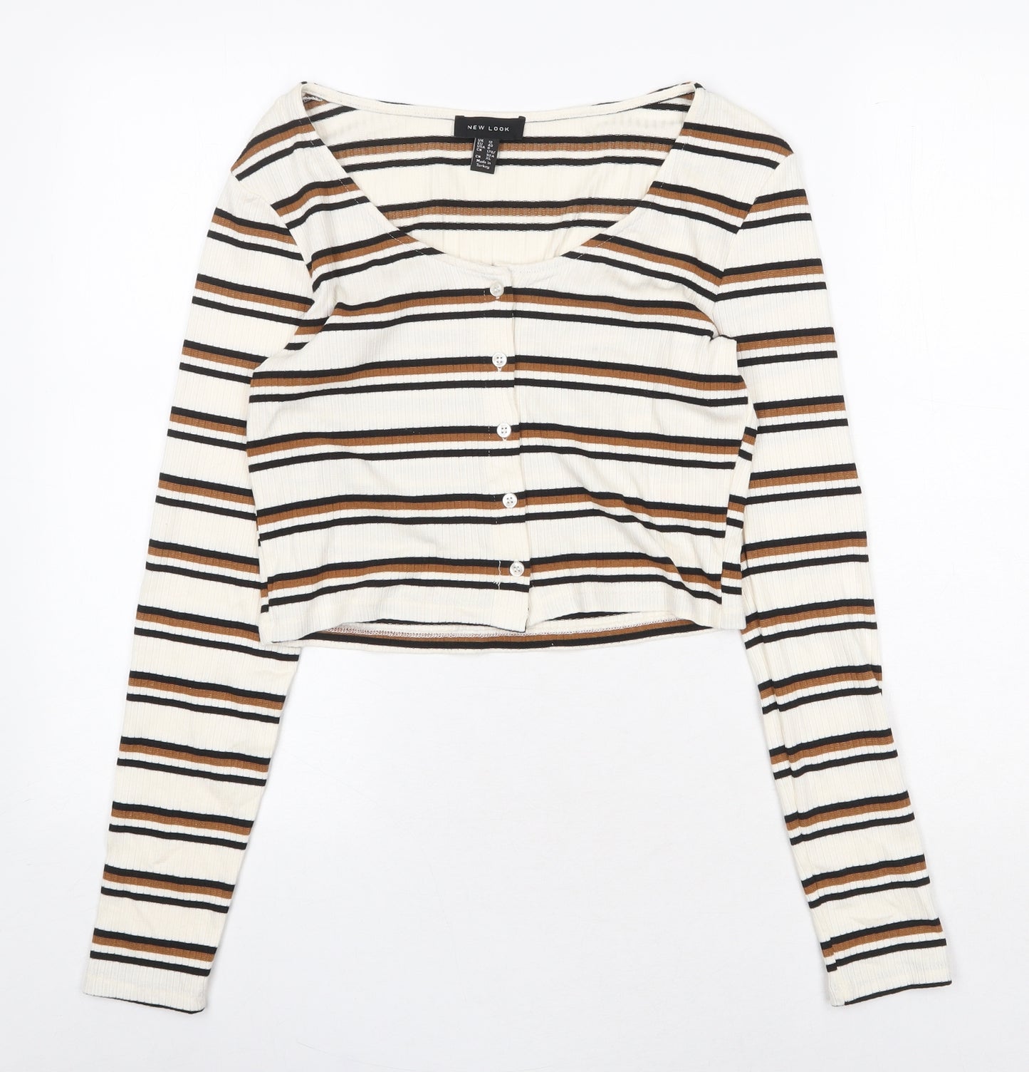 New Look Womens Beige Striped Viscose Basic T-Shirt Size 12 Scoop Neck