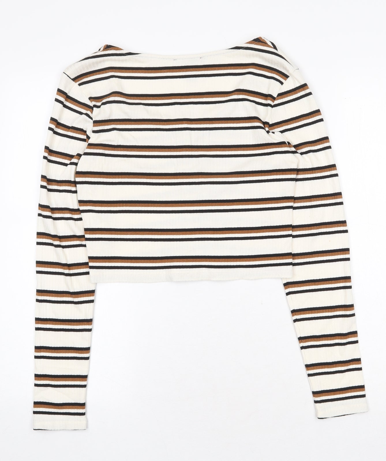 New Look Womens Beige Striped Viscose Basic T-Shirt Size 12 Scoop Neck