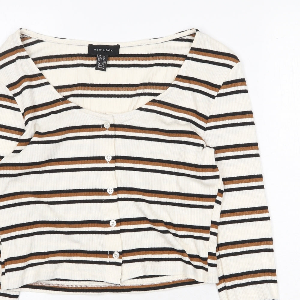 New Look Womens Beige Striped Viscose Basic T-Shirt Size 12 Scoop Neck