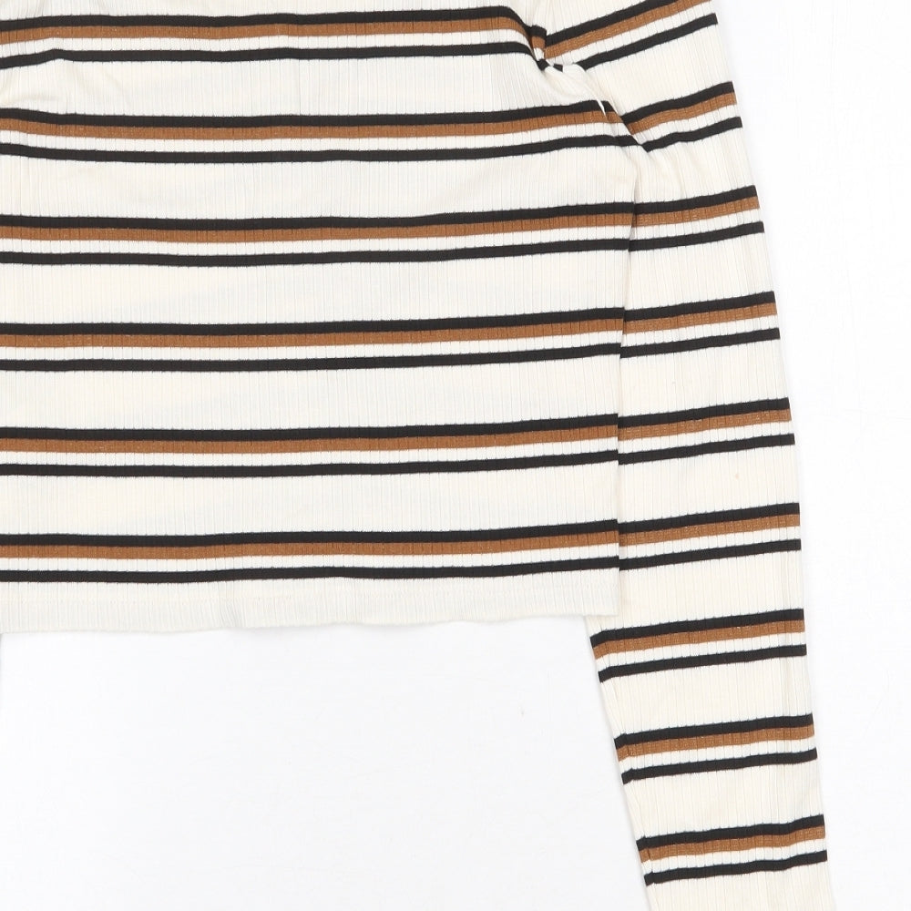 New Look Womens Beige Striped Viscose Basic T-Shirt Size 12 Scoop Neck