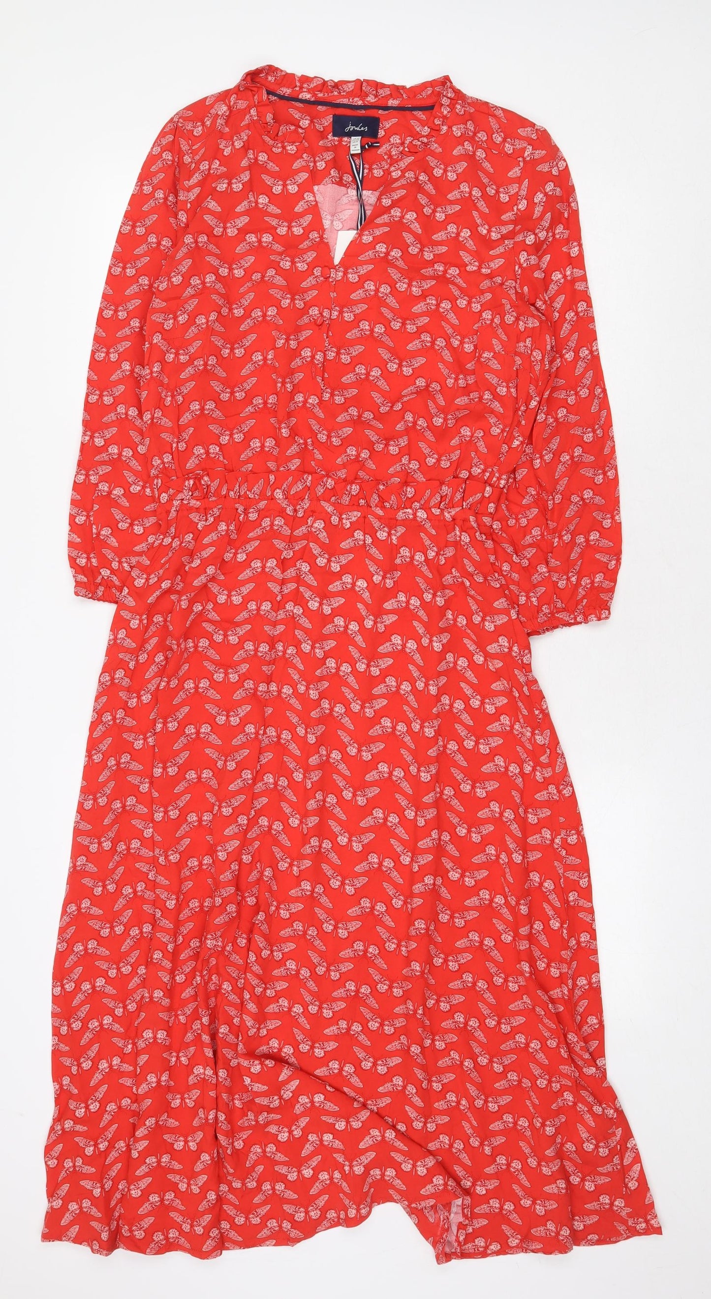 Joules Womens Red Geometric Viscose Fit & Flare Size 12 V-Neck Button - Butterfly Pattern