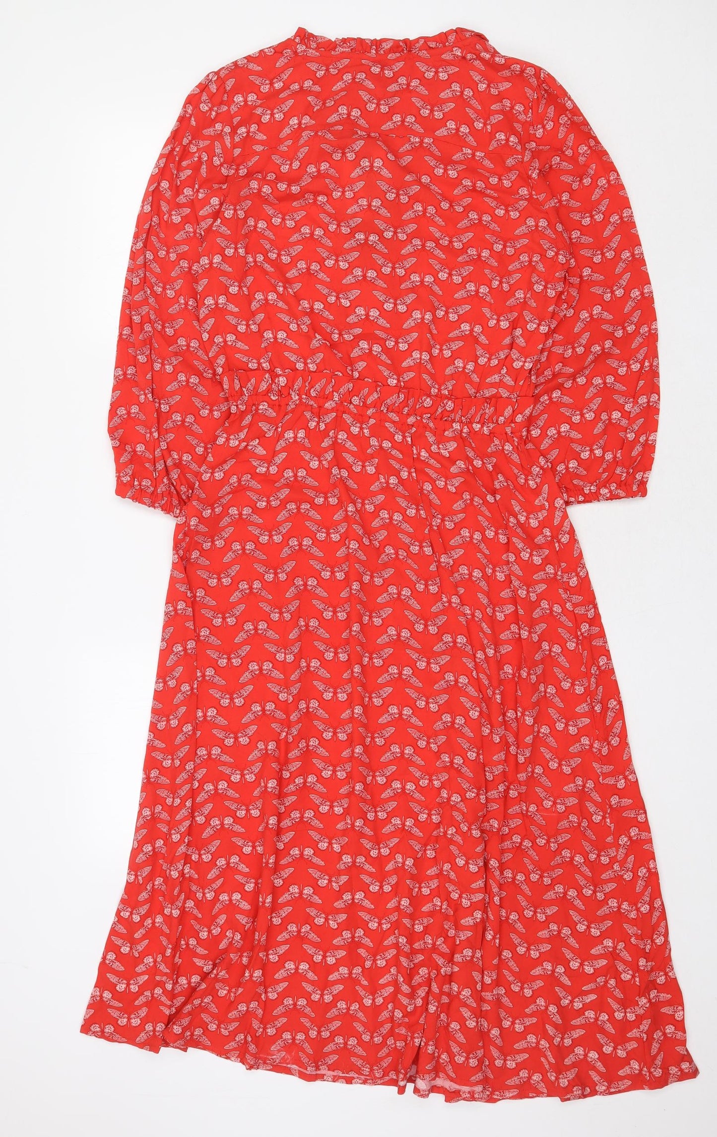 Joules Womens Red Geometric Viscose Fit & Flare Size 12 V-Neck Button - Butterfly Pattern