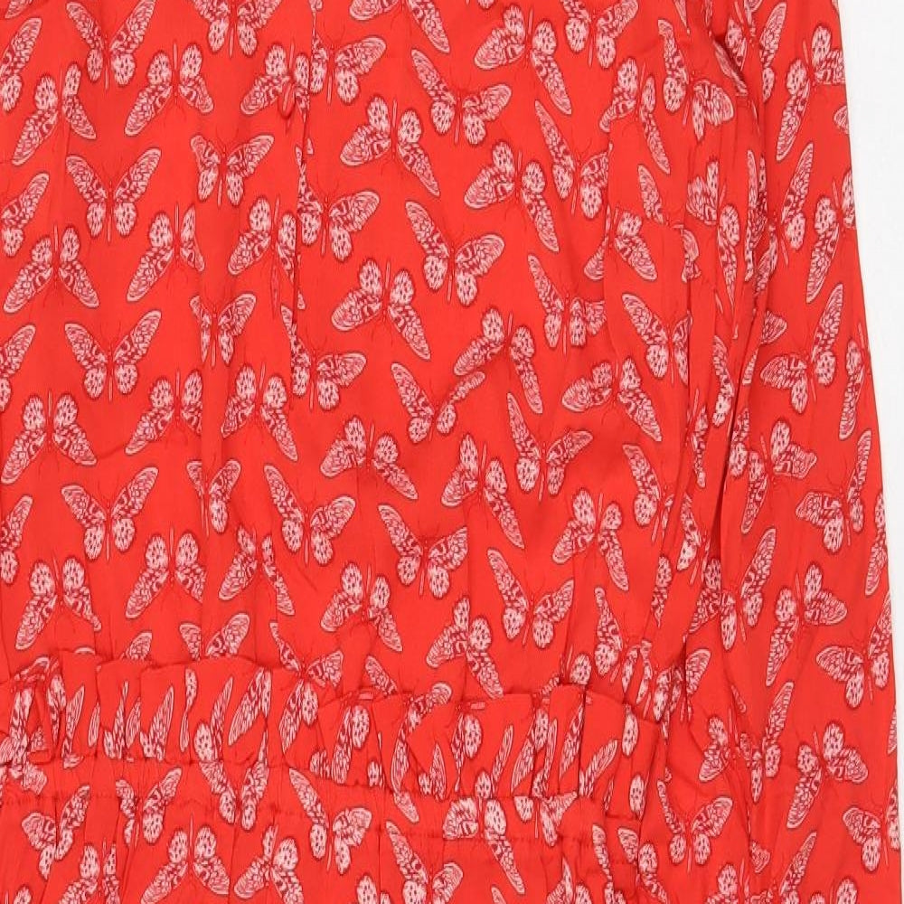 Joules Womens Red Geometric Viscose Fit & Flare Size 12 V-Neck Button - Butterfly Pattern