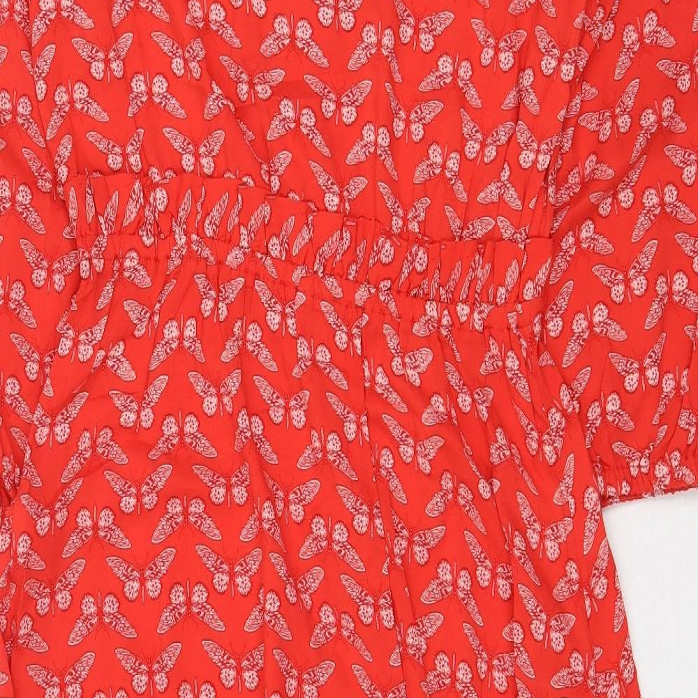 Joules Womens Red Geometric Viscose Fit & Flare Size 12 V-Neck Button - Butterfly Pattern