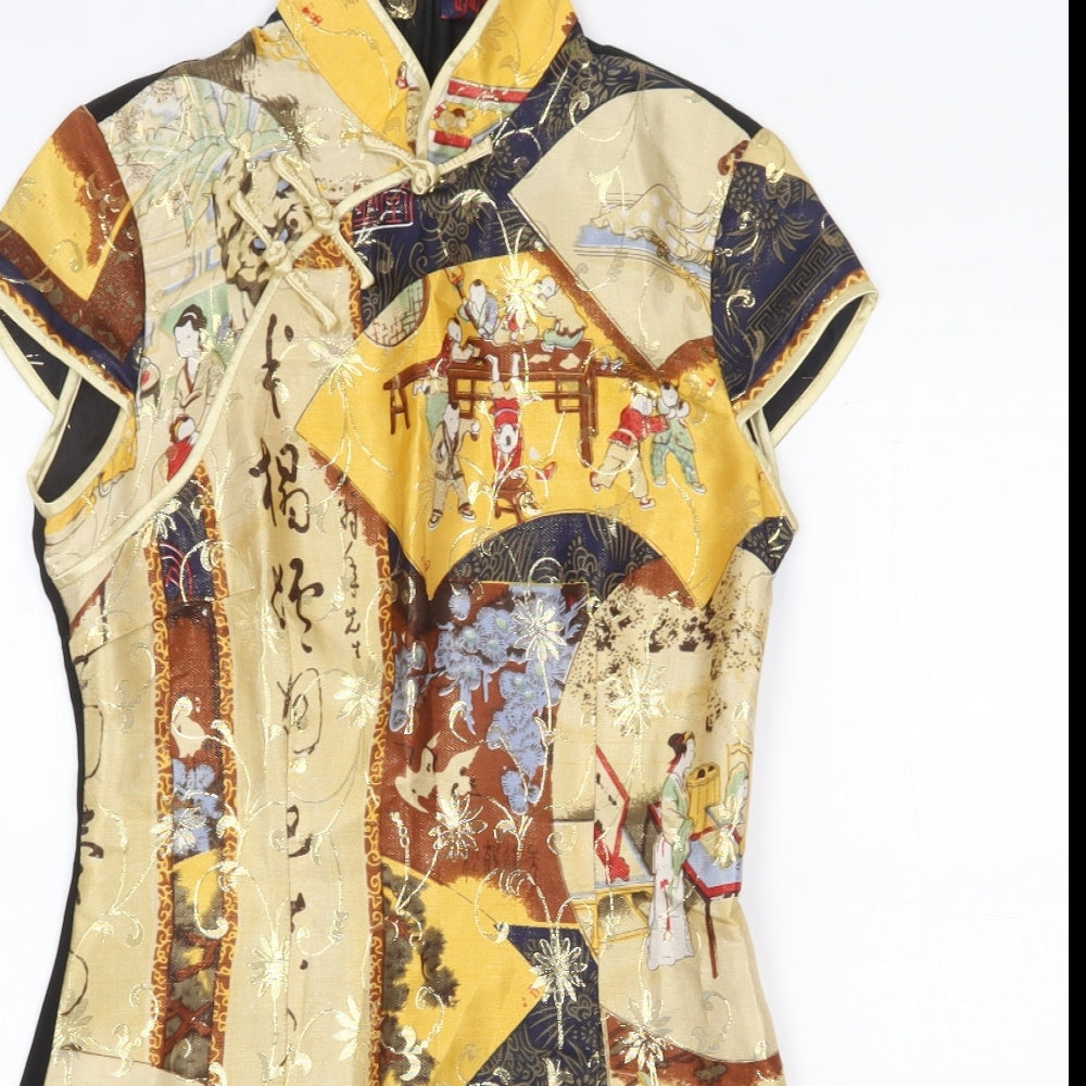 Chinese Square Womens Multicoloured Geometric Polyester A-Line Size M Mock Neck Zip