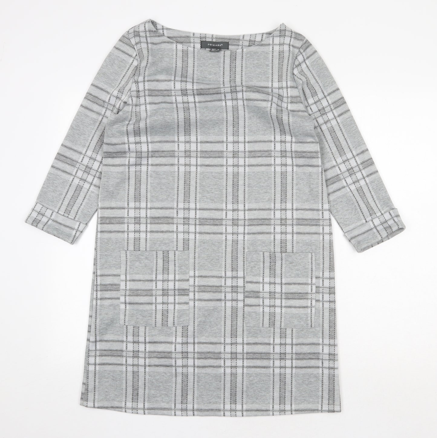 Primark Womens Grey Plaid Cotton Shift Size 10 Boat Neck Pullover