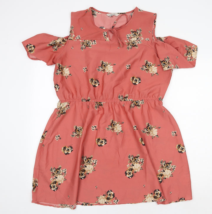 Peacocks Womens Pink Floral Polyester Fit & Flare Size 16 Round Neck Tie - Cold Shoulder