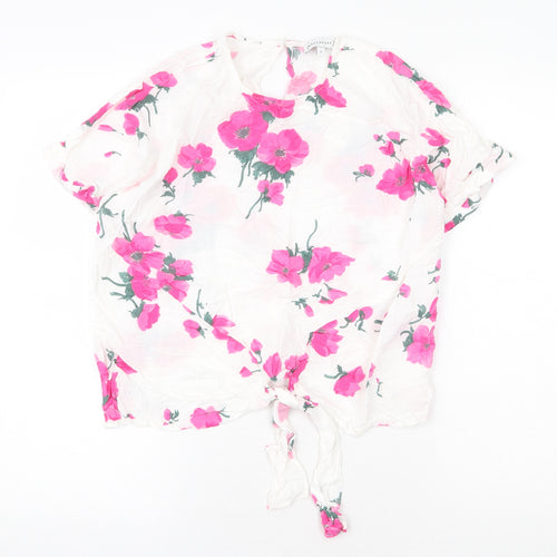 Warehouse Womens White Floral Viscose Basic T-Shirt Size 8 Round Neck - Knot Front