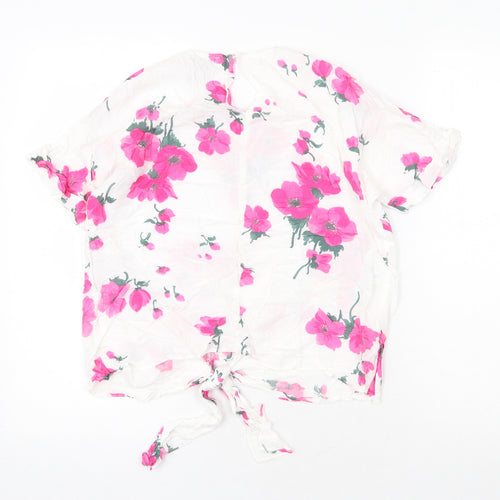 Warehouse Womens White Floral Viscose Basic T-Shirt Size 8 Round Neck - Knot Front