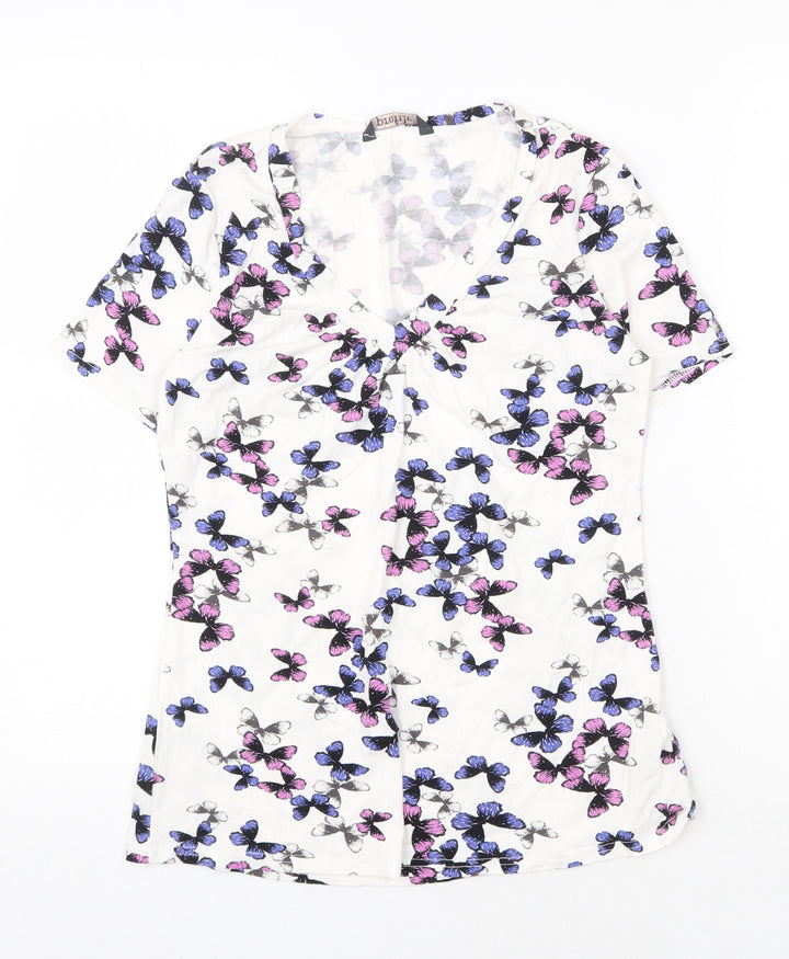 BHS Womens White Geometric Viscose Basic T-Shirt Size 8 V-Neck - Butterfly