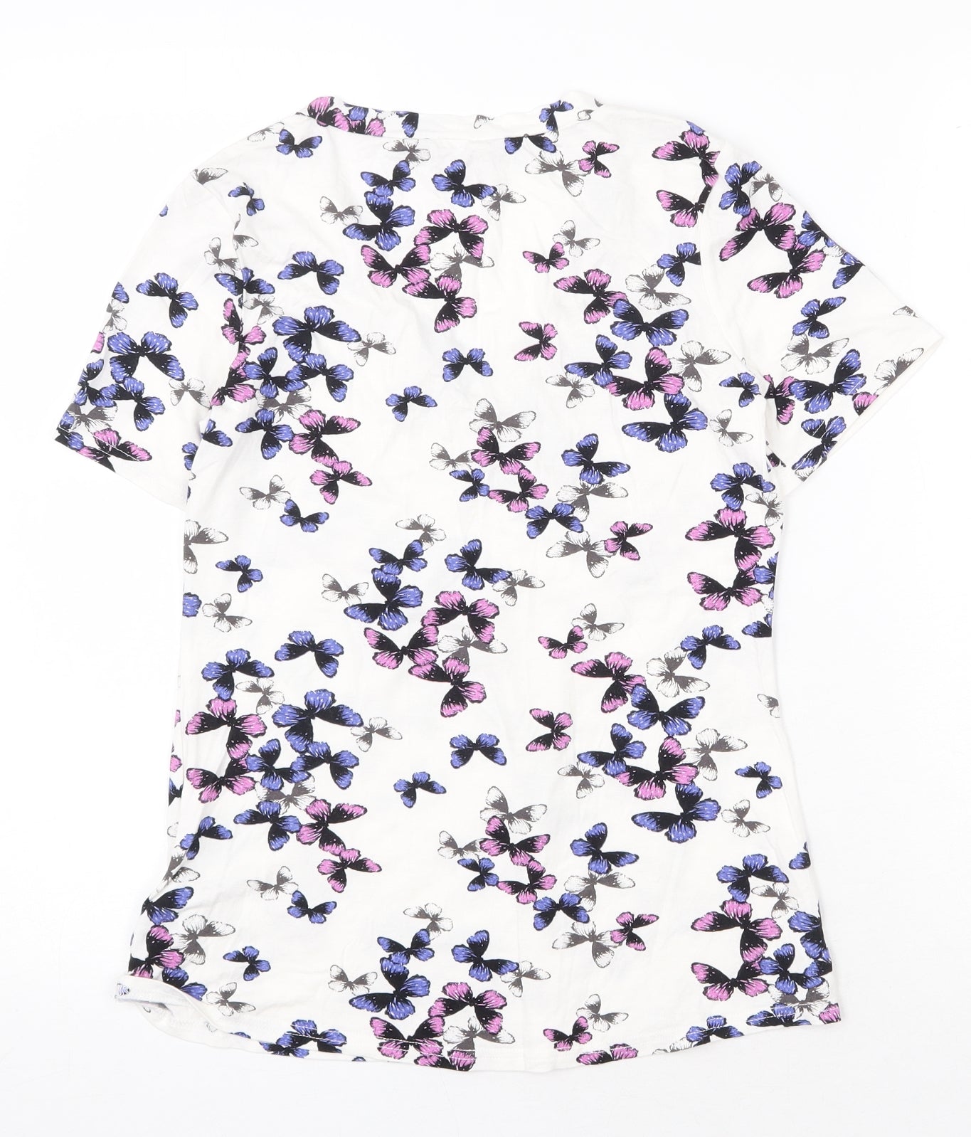 BHS Womens White Geometric Viscose Basic T-Shirt Size 8 V-Neck - Butterfly