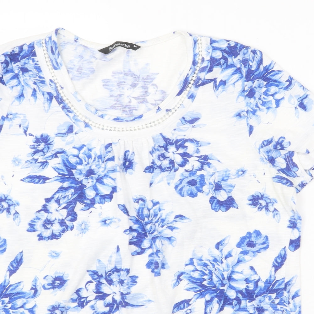 Bonmarché Womens Blue Geometric Polyester Basic T-Shirt Size 16 Round Neck