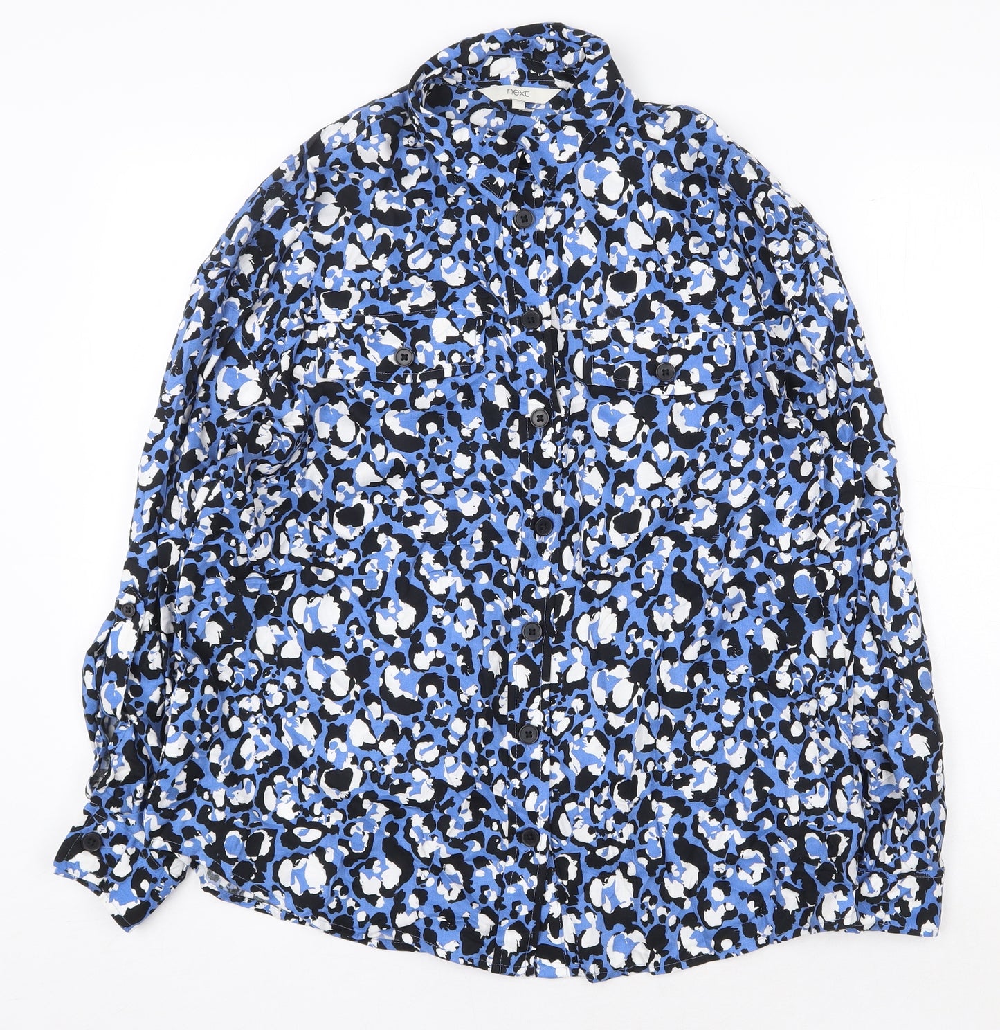 NEXT Womens Blue Geometric Viscose Basic Button-Up Size 10 V-Neck