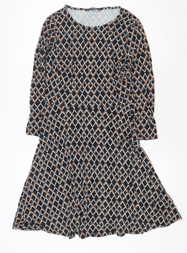 Dorothy Perkins Womens Black Geometric Viscose Fit & Flare Size 8 Round Neck Pullover