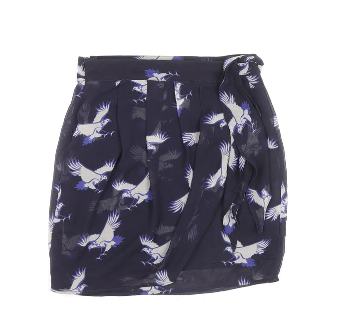 Zara Womens Blue Geometric Polyester Tulip Skirt Size XS Zip - Bird Pattern