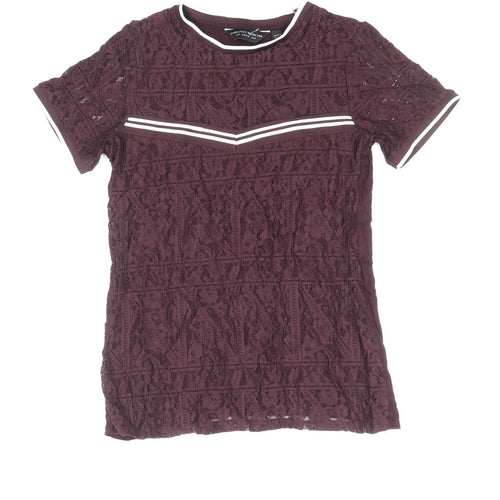Dorothy Perkins Womens Purple Floral Polyamide Basic T-Shirt Size 10 Round Neck - Lace Overlay